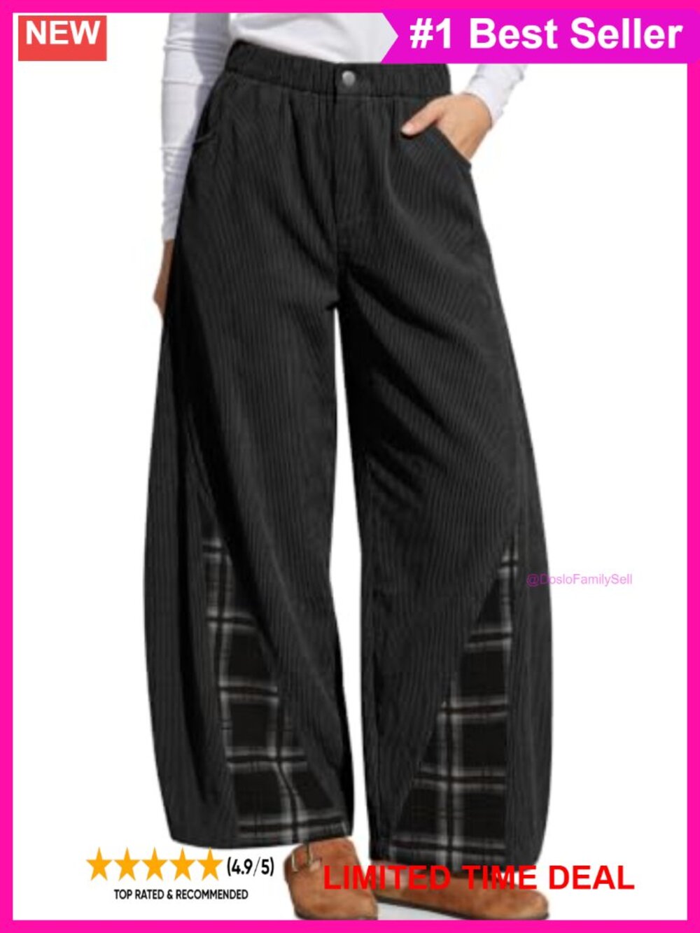 Ribbed Corduroy Wide Leg Barrel Pants Plaid Patchwork High Rise
